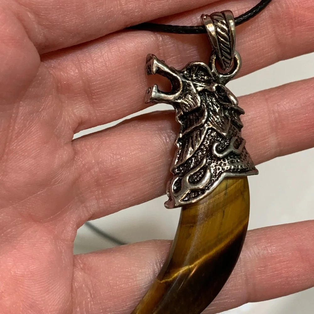Wolf Tooth Pendant | Mens Crystal Necklace | Tigers Eye Necklace| Boyfriend Gift